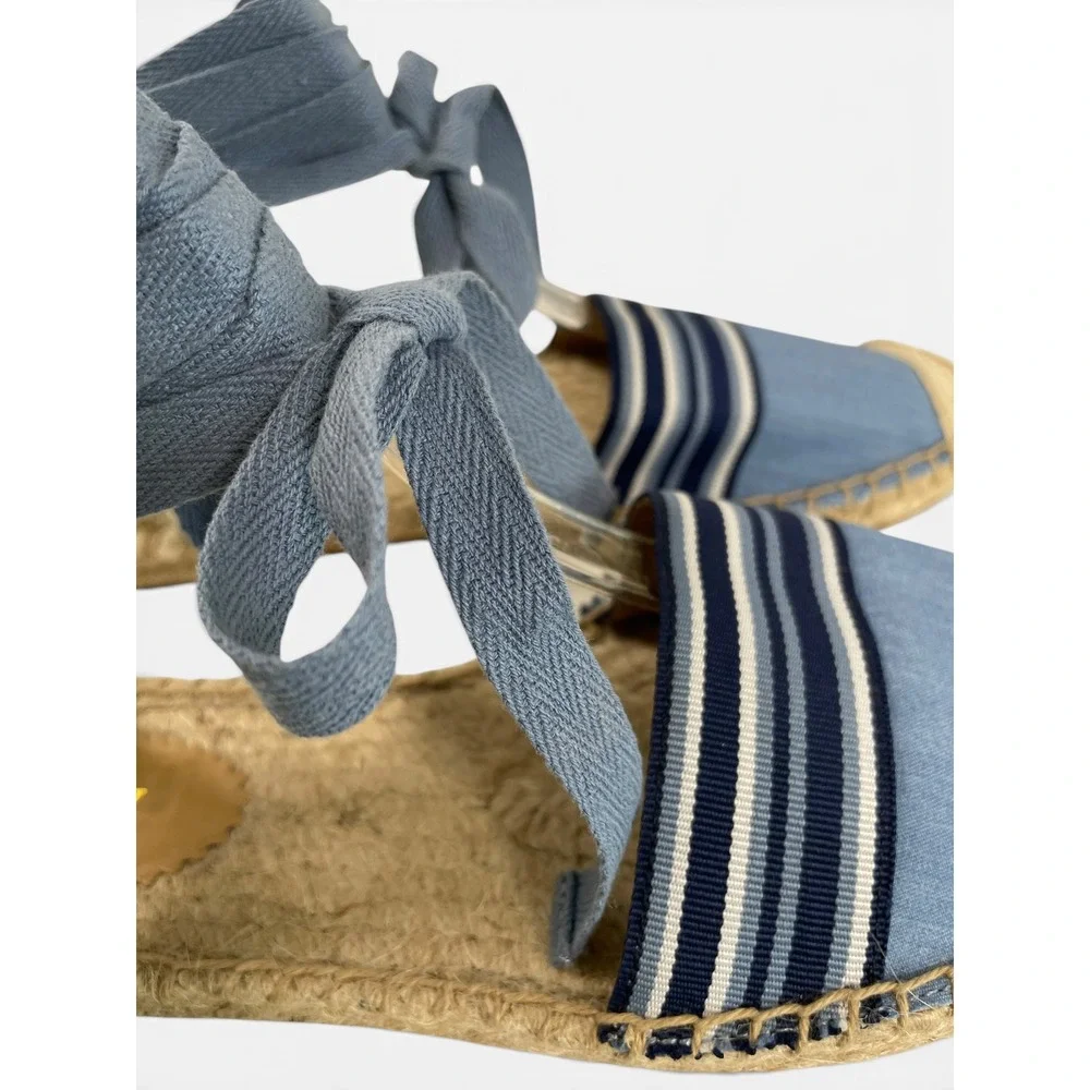 J.Crew Canvas Ankle Tie Espadrille Flats Womens‎ 8 Blue Chambray Stripe NWOB